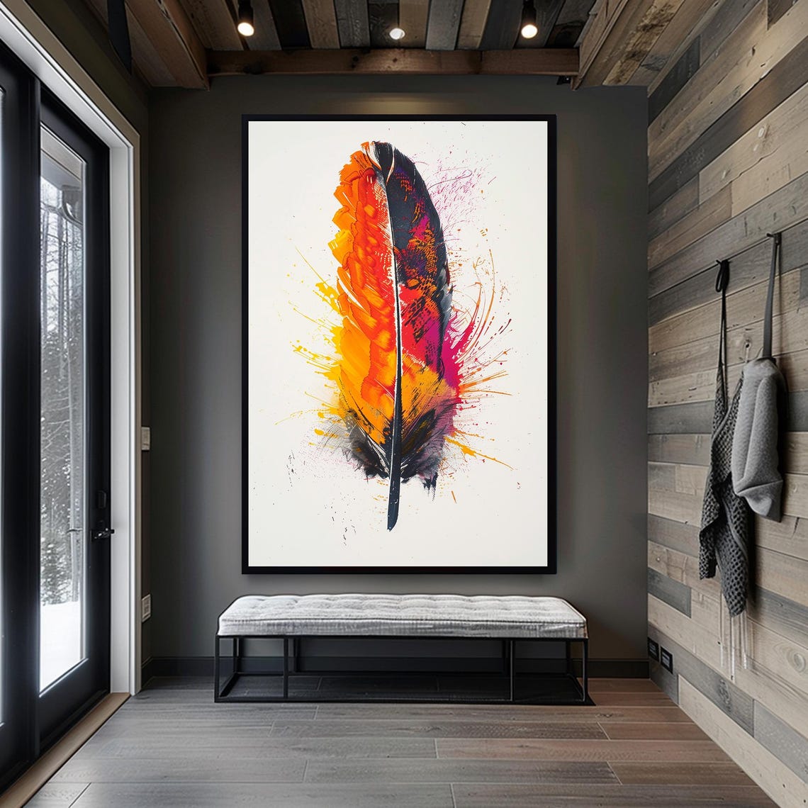 Abstract Feather Print Vibrant Modern Art Colorful Feather Wall Decor Framed Boho Feather Painting Bold Contemporary Wall Art - Image 3