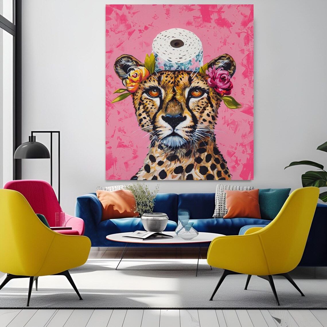 Cheetah Wearing Toilet Paper Hat Pink Whimsical Funny Bathroom Poster - Image 5