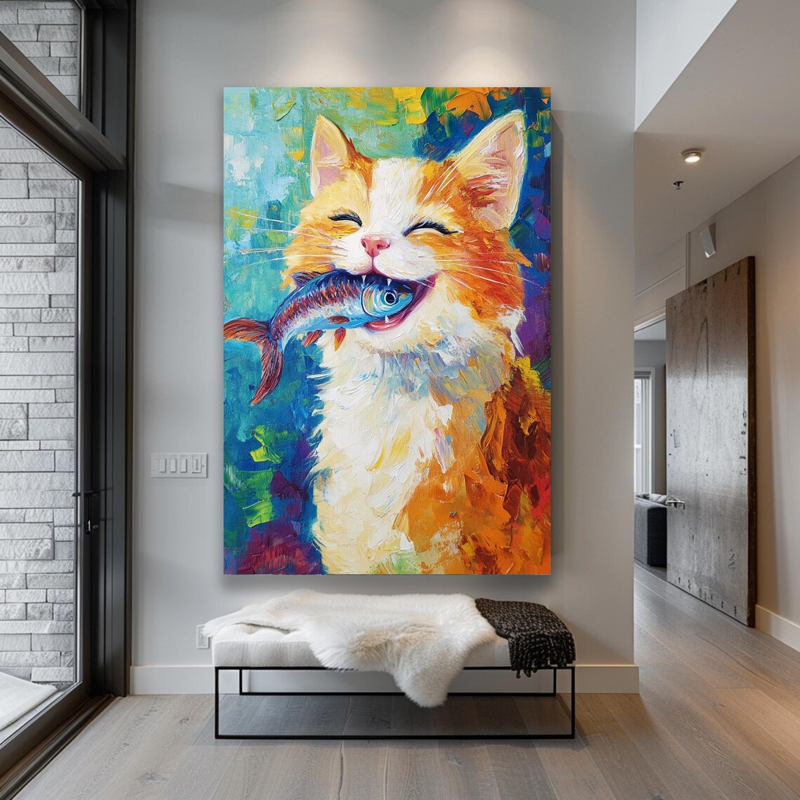 Joyful Orange Tabby Cat Catching Fish Colorful Humor Wall Poster - Image 4
