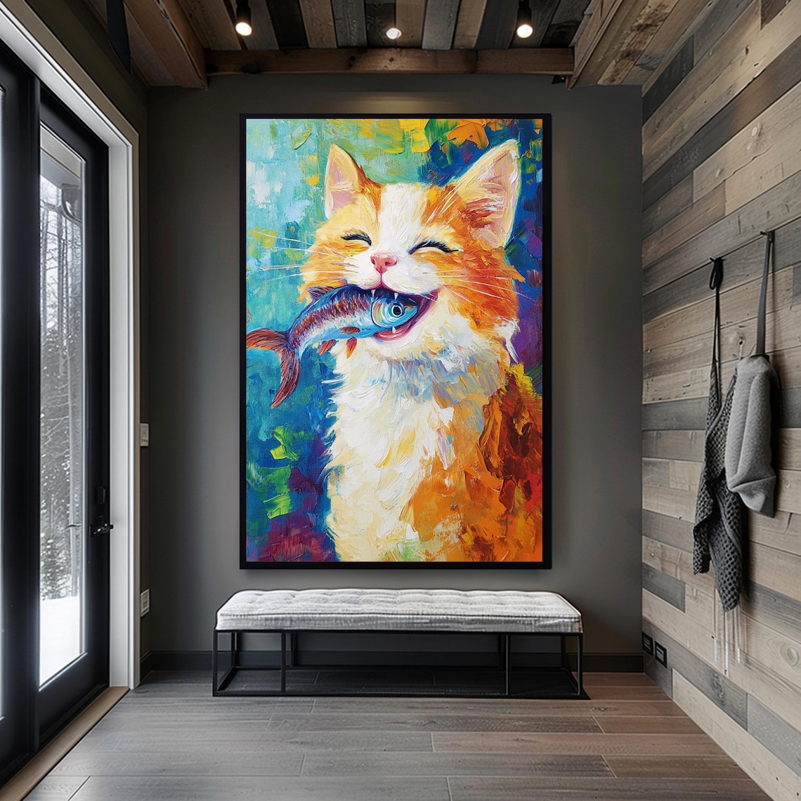 Joyful Orange Tabby Cat Catching Fish Colorful Humor Wall Poster - Image 6