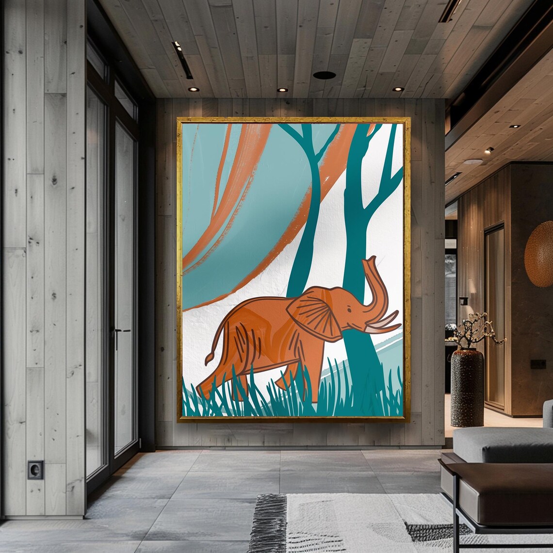 Orange Elephant Minimalist Teal Jungle Trees Nursery Decor Poster - Image 3
