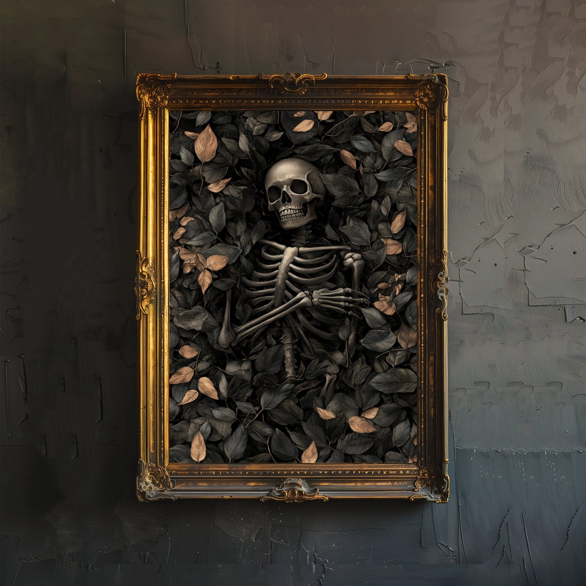 Skeleton Resting Among Dark Autumn Leaves Gothic Botanical Art Poster