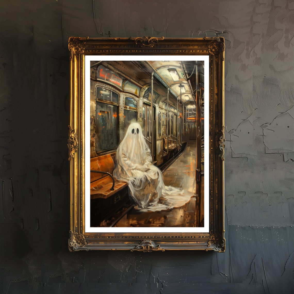 Ghost on a Subway Empty Train Car Spooky Dark Academia Goth Wall Art