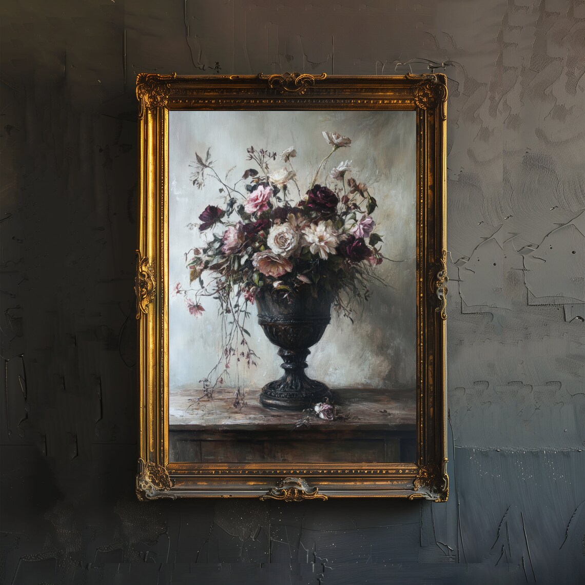 Moody Dark Floral Bouquet Roses Vintage Urn Romantic Still Life Poster