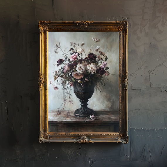 Moody Dark Floral Bouquet Roses Vintage Urn Romantic Still Life Poster