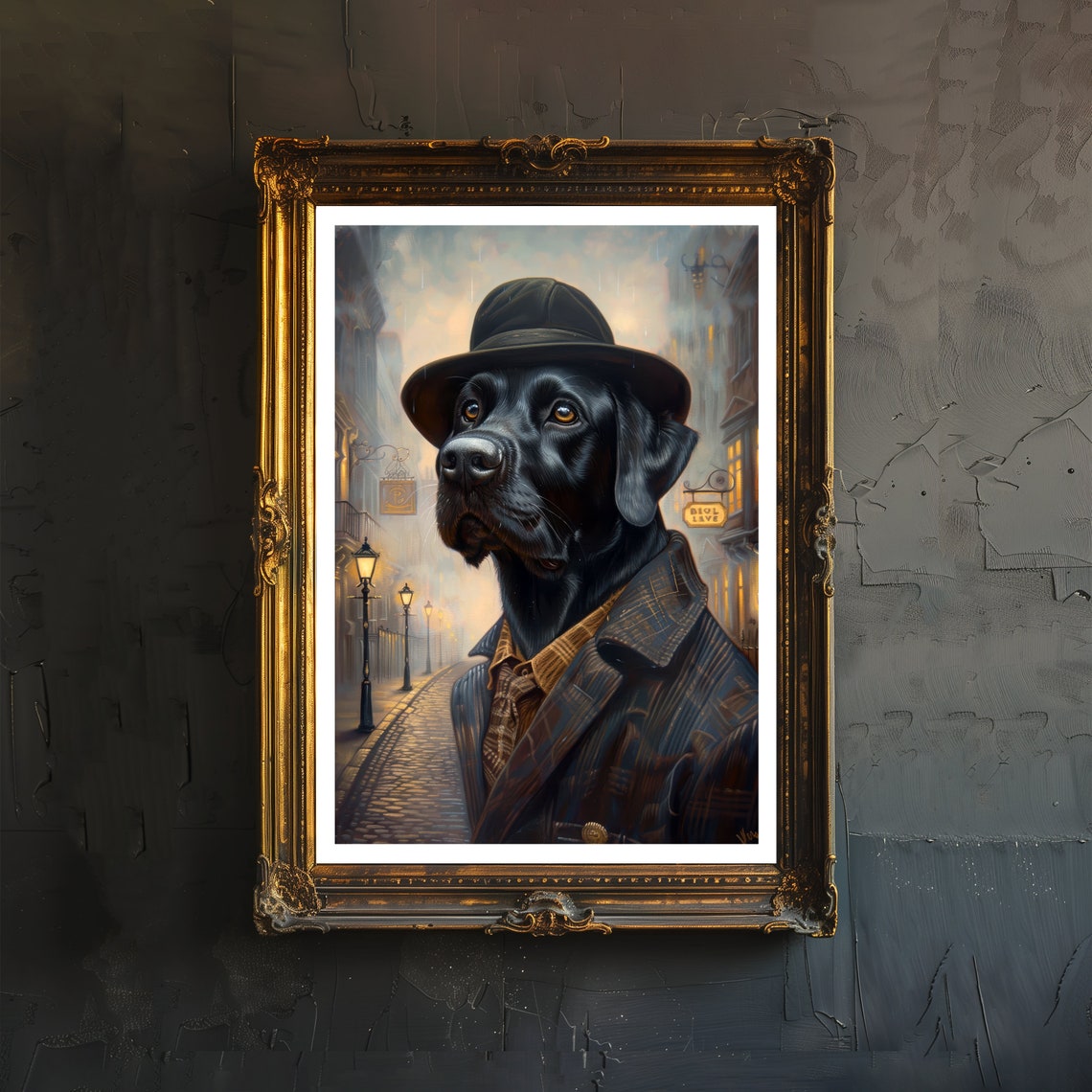 Detective Black Labrador in Bowler Hat on London Street Poster