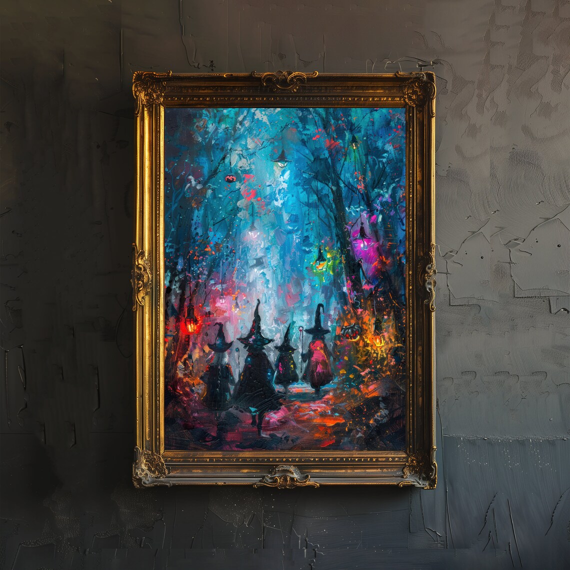 Witches in Mystical Neon Forest Whimsical Witchy Carnival Art Poster