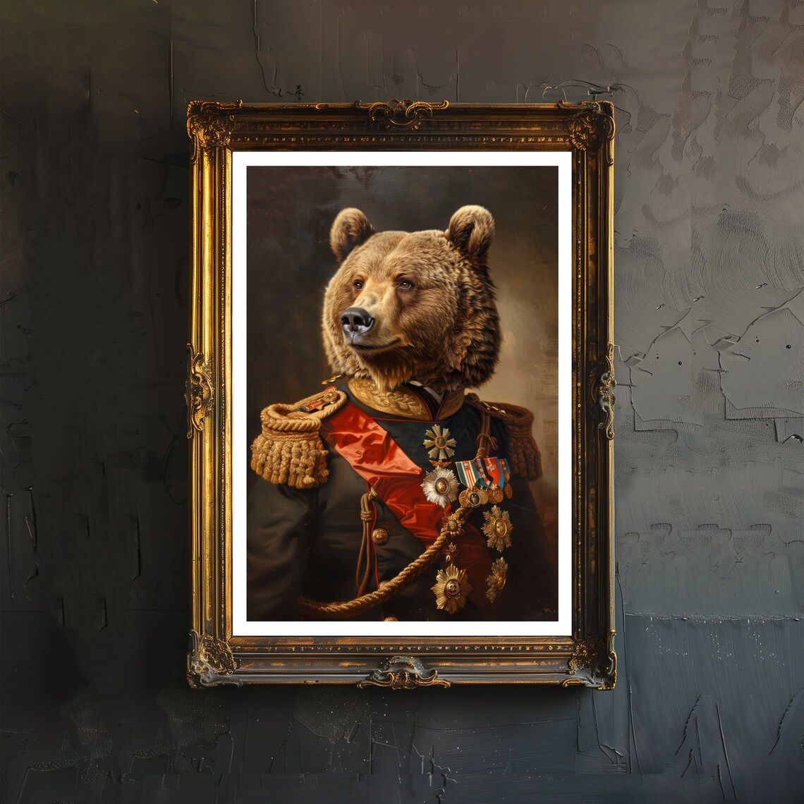 Victorian Bear Military General Portrait Dark Academia Oil Poster