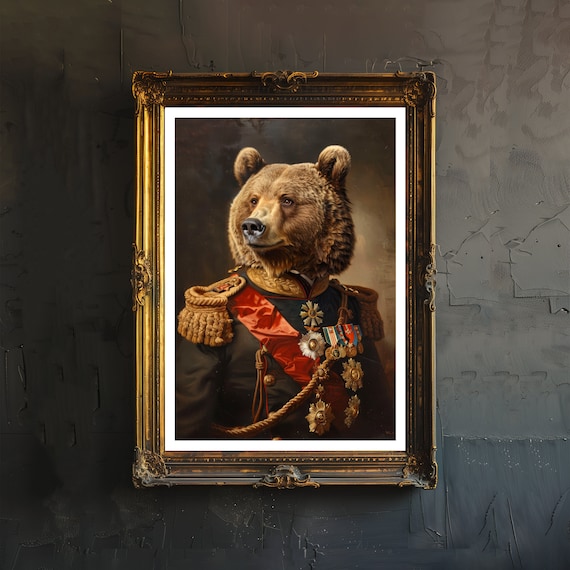 Victorian Bear Military General Portrait Dark Academia Oil Poster