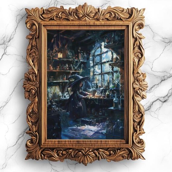 Adorable Witch Making Potions In Study Whimsical Wall Art Print For Kids Room Nursery Halloween Fantasy Home Decor Magical