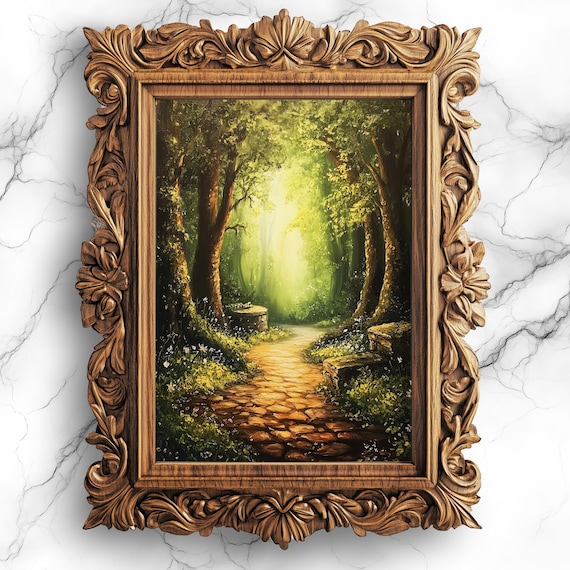Sunlit Forest Path Enchanted Woodland Oil Painting Style Wall Art