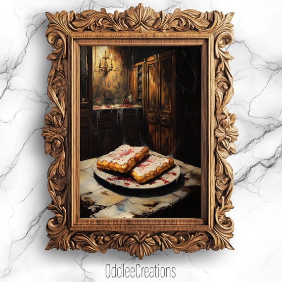 Eerie Toasted Pastries In A Haunted Kitchen Oil Painting Dark Academia Wall Art Gothic Pastry Decor Fod45