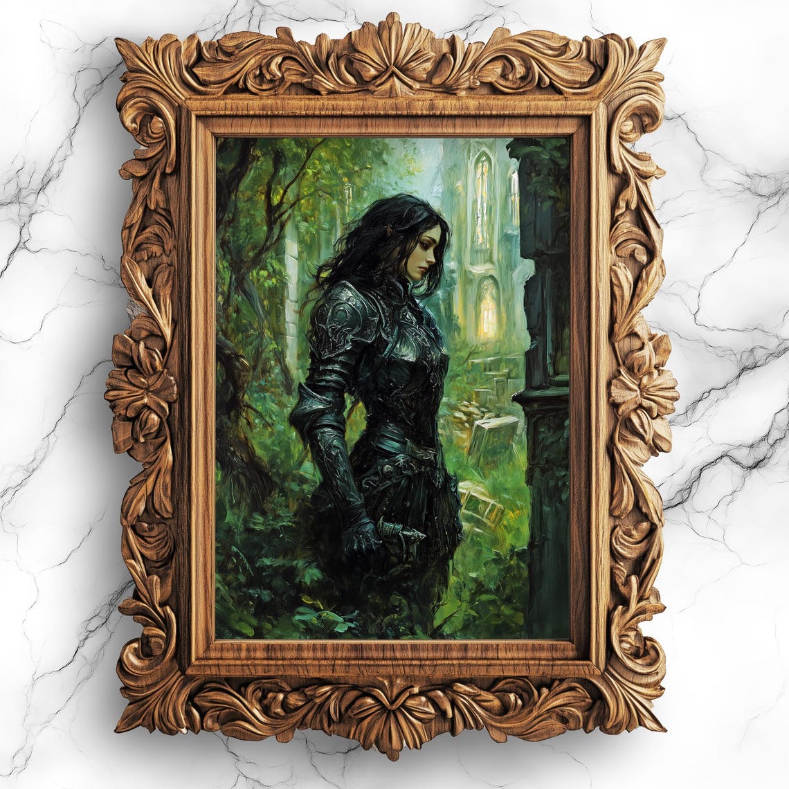 Female Knight In Enchanted Forest Gothic Ruins Dark Academia Poster