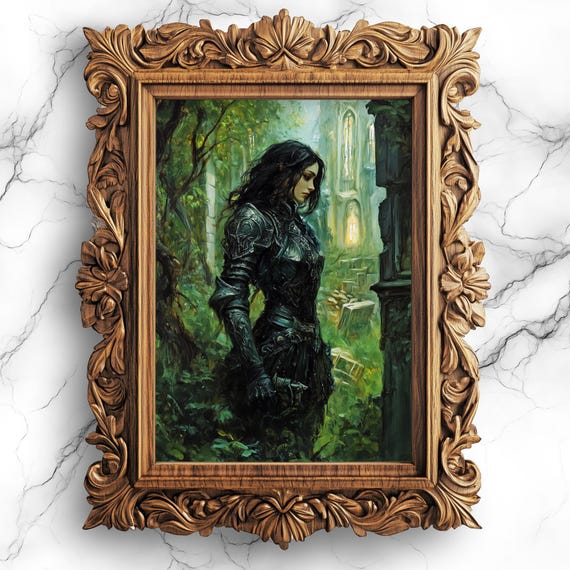 Female Knight In Gothic Ruins Art Dark Academia Enchanted Forest Wall Fantasy Warrior Decor Home Print Prt25