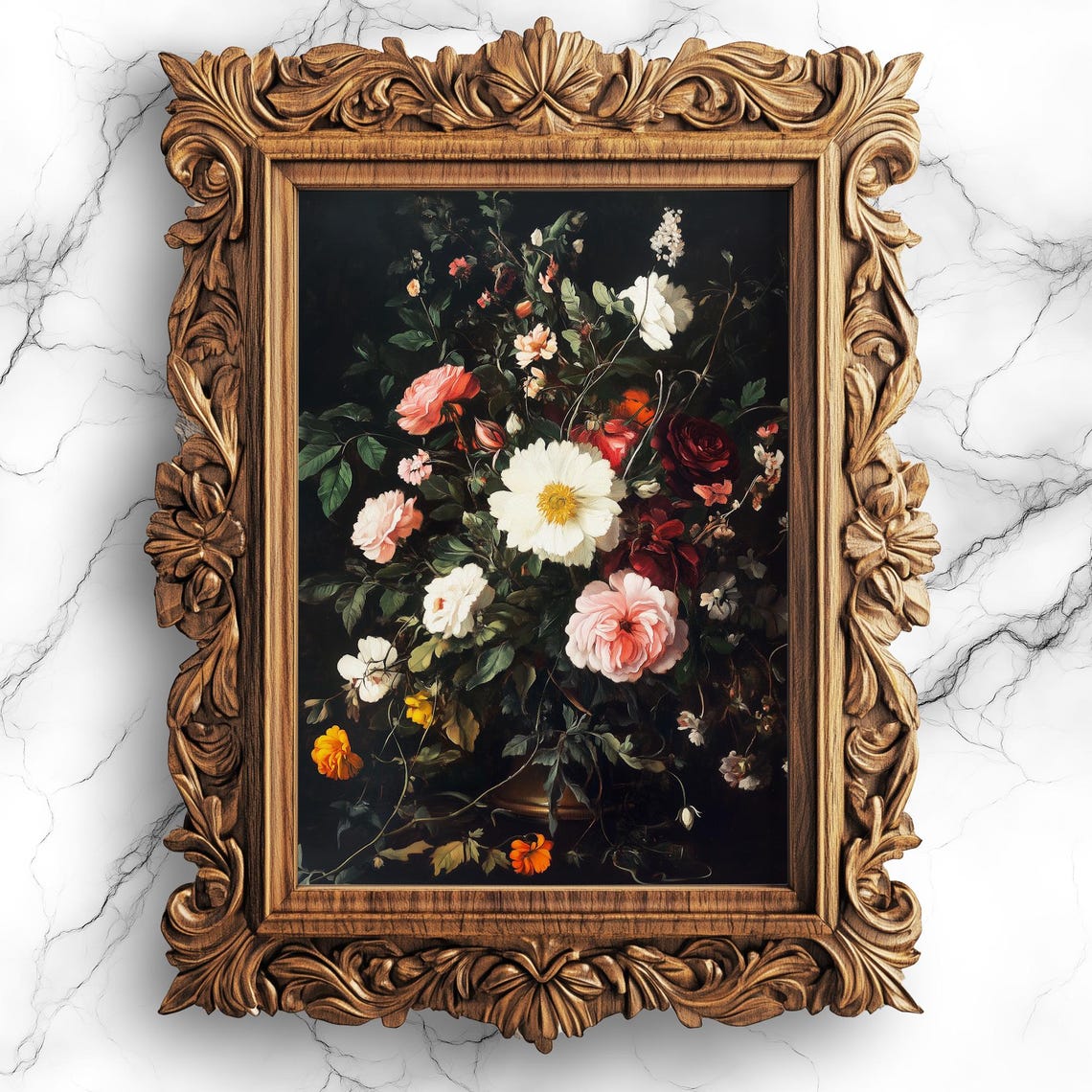 Dark Romantic Baroque Floral Still Life Painting With Roses Poster