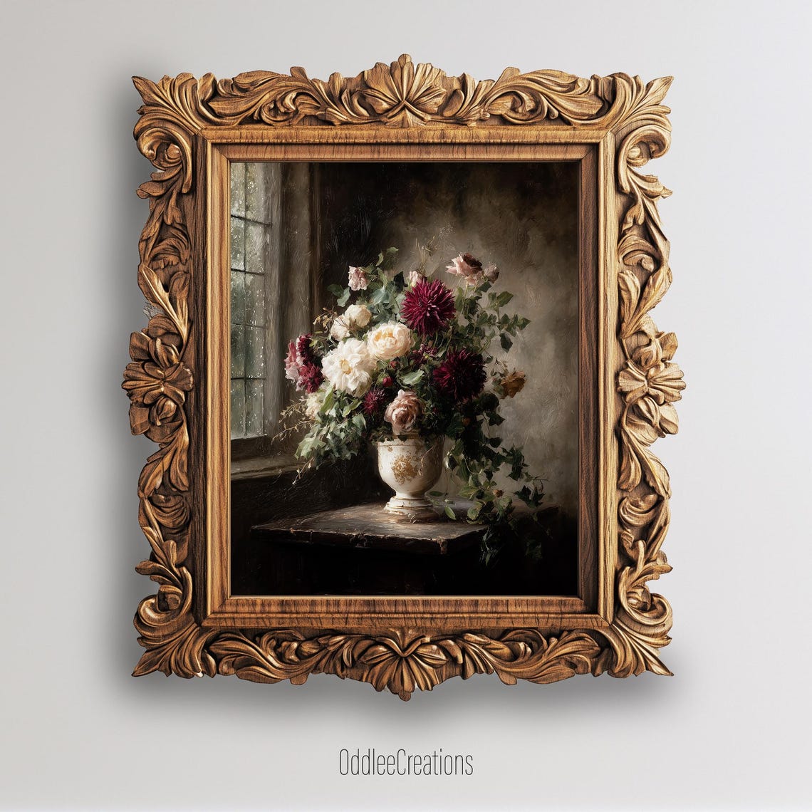 Moody Dark Floral Still Life Burgundy White Vase Painting Wall Art