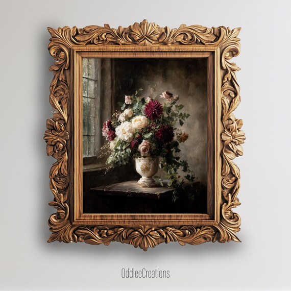 Moody Dark Floral Still Life Burgundy White Vase Painting Wall Art