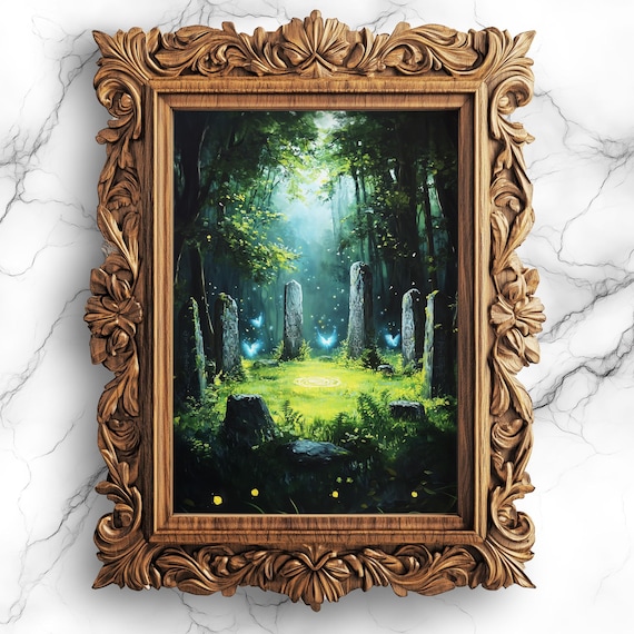 Enchanted Stone Circle Forest Clearing Glowing Fairy Light Oil Painting Poster