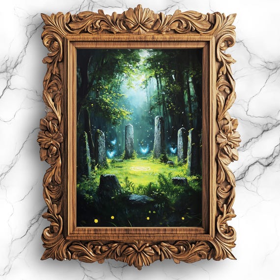 Magical Forest Fairies Dancing Print Moody Dark Academia Oil Painting Style Wall Art Sce112