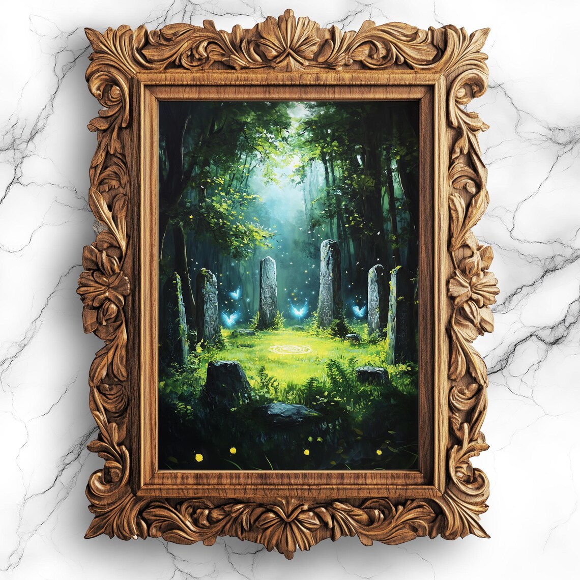 Enchanted Stone Circle Forest Clearing Glowing Fairy Light Oil Painting Poster