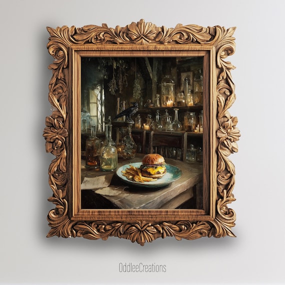 Witch Burger Kitchen Wall Art Dark Academia Cheeseburger Oil Painting Gothic Still Life Witchy Food Decor Fod94