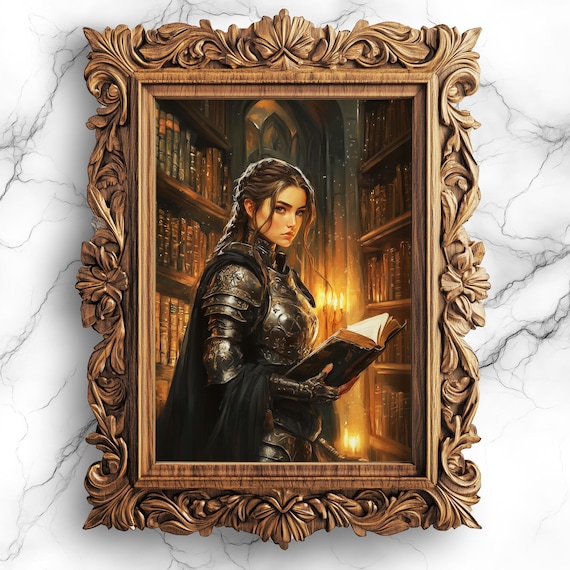 Female Knight Reading in Candlelit Library Fantasy Art Poster
