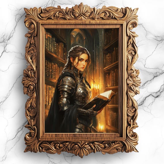 Magical Female Knight Library Wall Art Dark Academia Oil Painting Moody Fantasy Decor Artwork Prt55