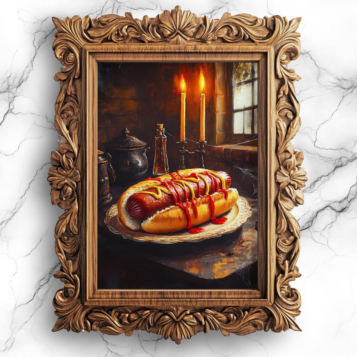 Classic Hot Dog With Ketchup And Mustard Oil Painting Art Print