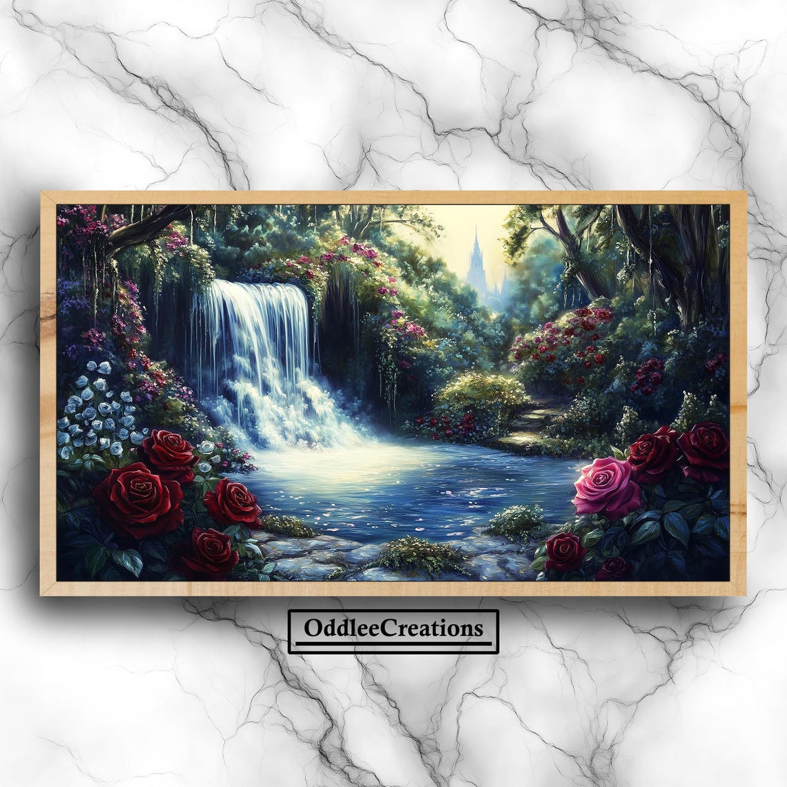 Twilight Waterfall Garden with Red Roses and Distant Castle Art Poster