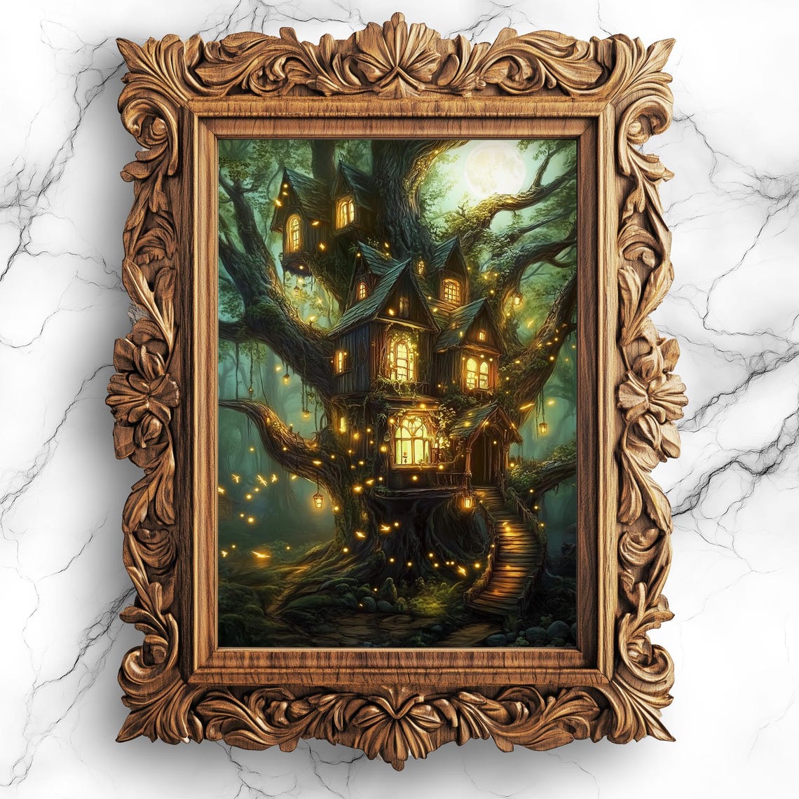 Enchanted Forest Treehouse Oil Painting Poster with Moonlit Lanterns