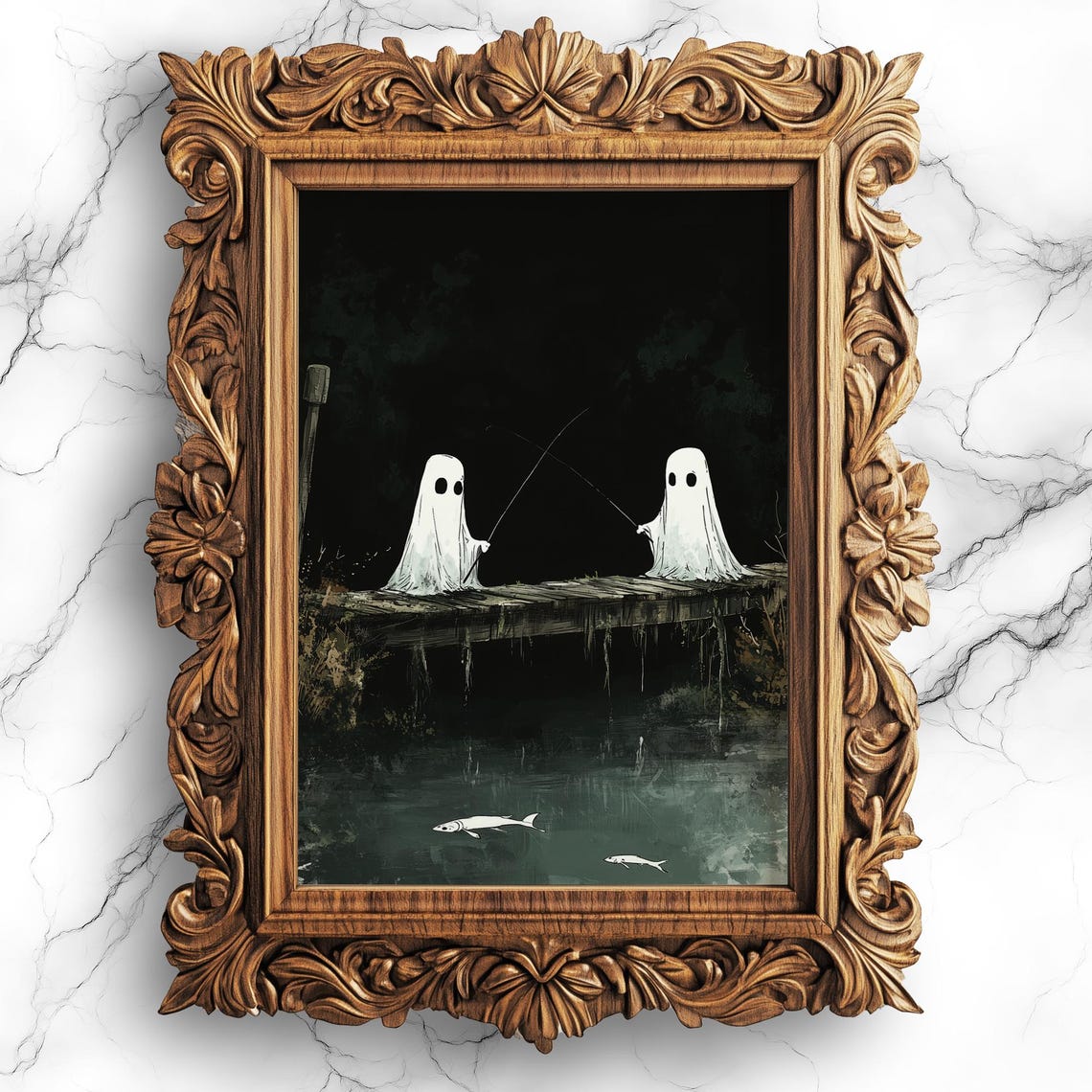 Two Ghosts Night Fishing From Dock Spooky Cute Painting Poster