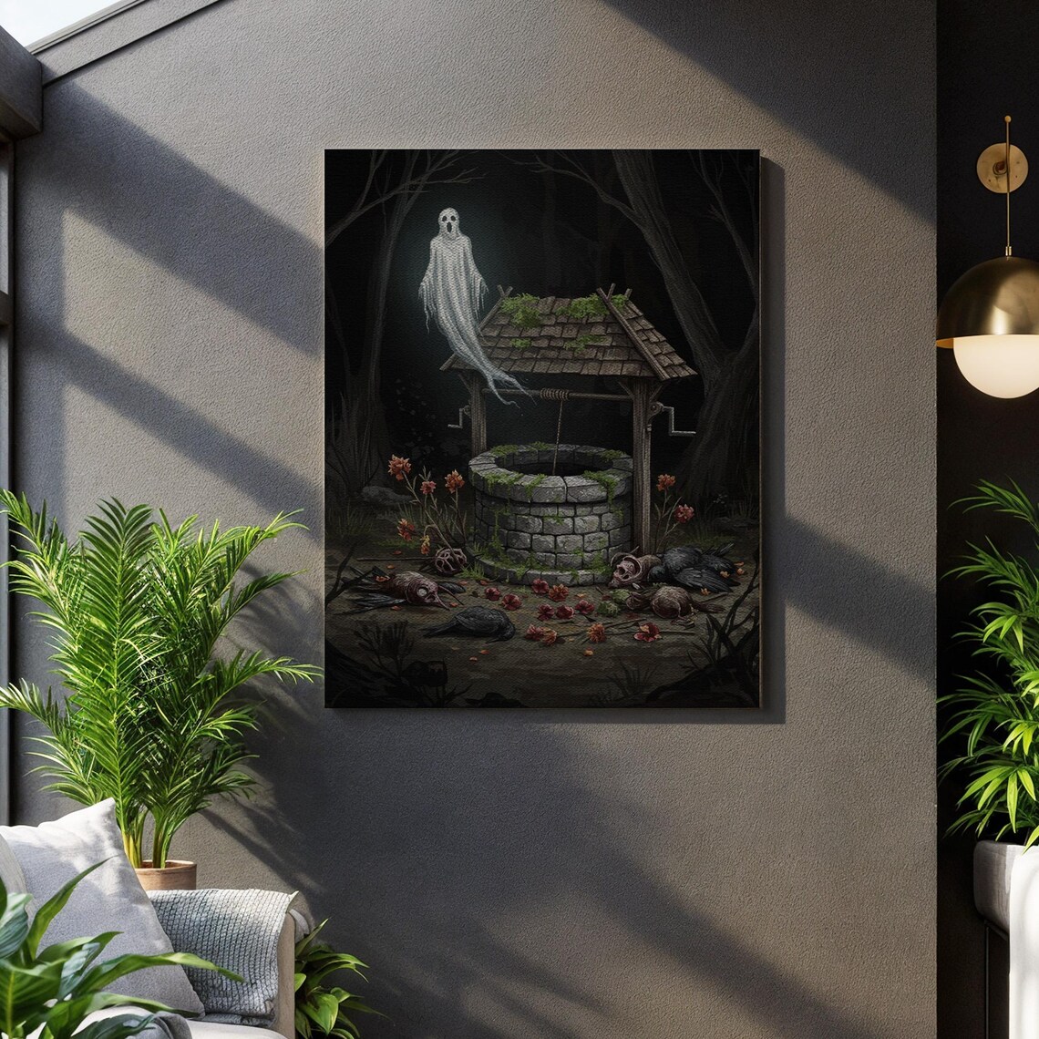 Haunted Well Canvas Wall Art Dark Forest Skull Scene Spooky Gothic Horror Illustration Creepy Halloween Decor For Homes