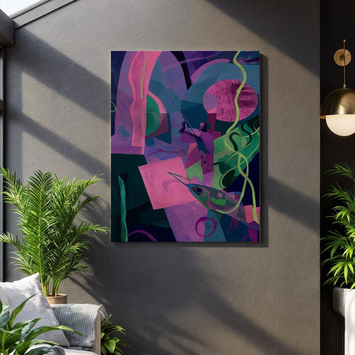 Surreal Pink Ocean Abstract Fish Diver Modern Geometric Art Poster