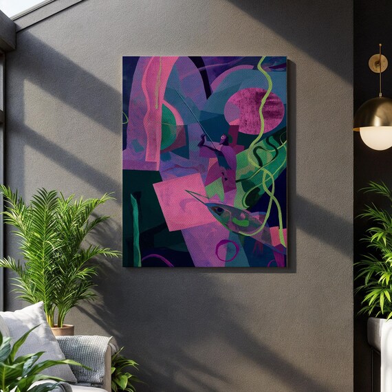 Surreal Pink Ocean Abstract Fish Diver Modern Geometric Art Poster