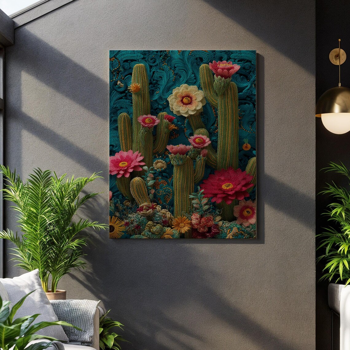Southwestern Cactus Bloom Desert Succulent Pattern Framed Botanical Display Vibrant Nature Scene Boho Home Decor Unique Plant Gift