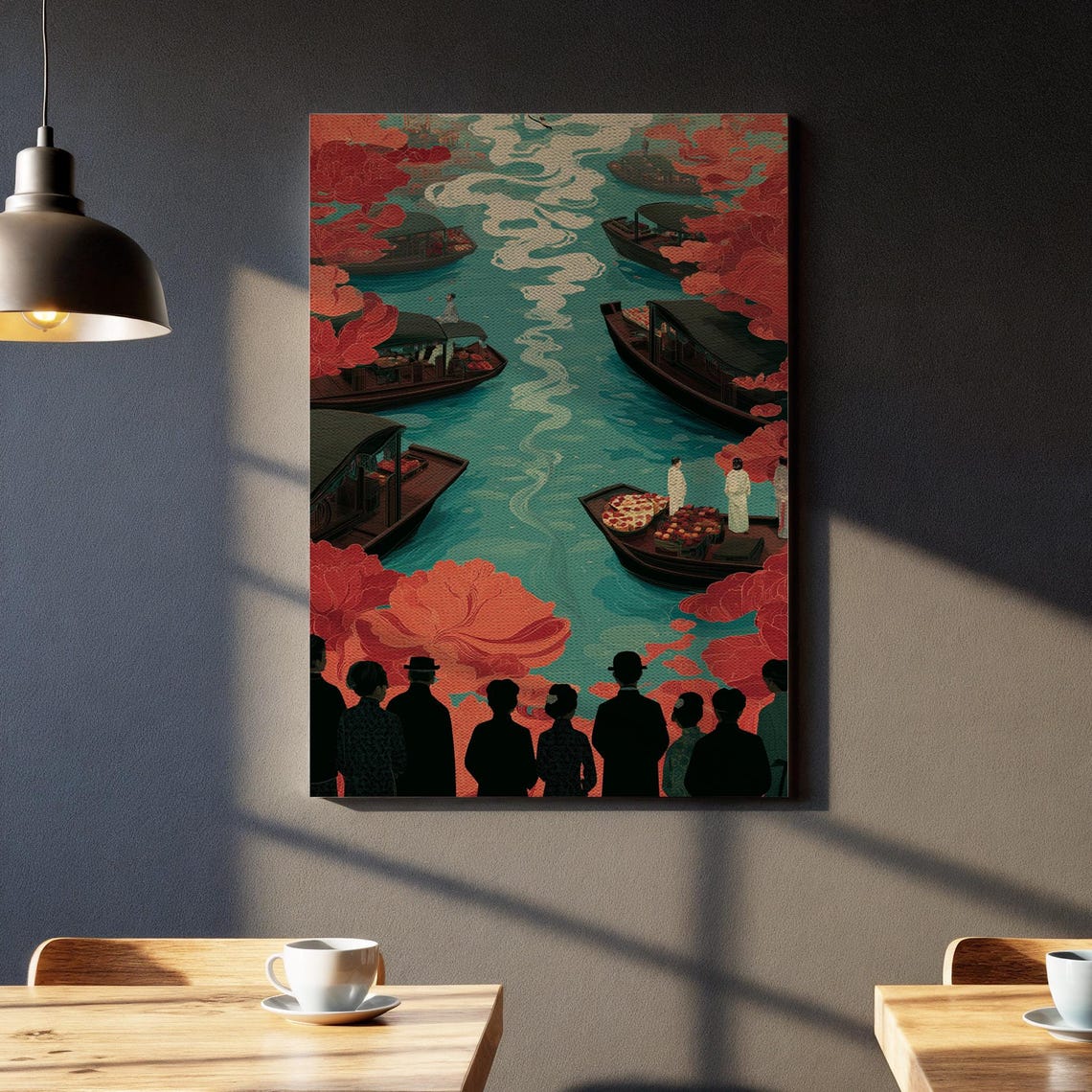 Asian Floating Market Red Blossom River Oriental Canvas Wall Art