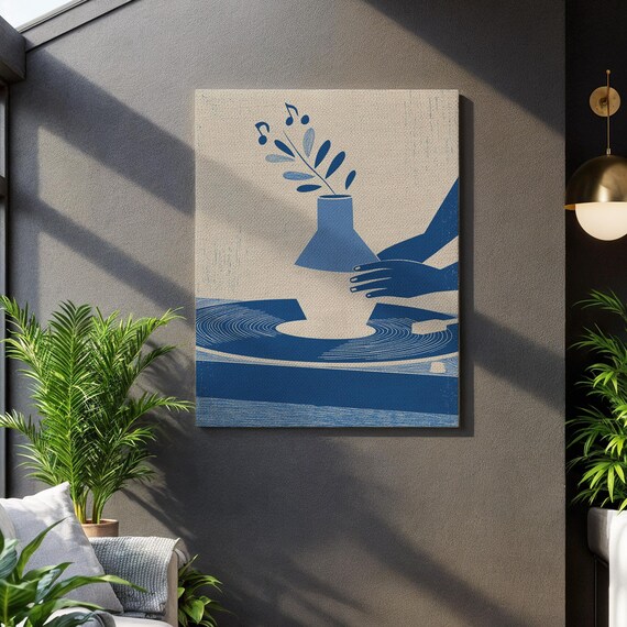 Minimalist Pottery Canvas Wall Art Blue Ceramic Wheel And Vase Print Abstract Hands Artwork Framed Zen Gift For Calm Modern Interiors