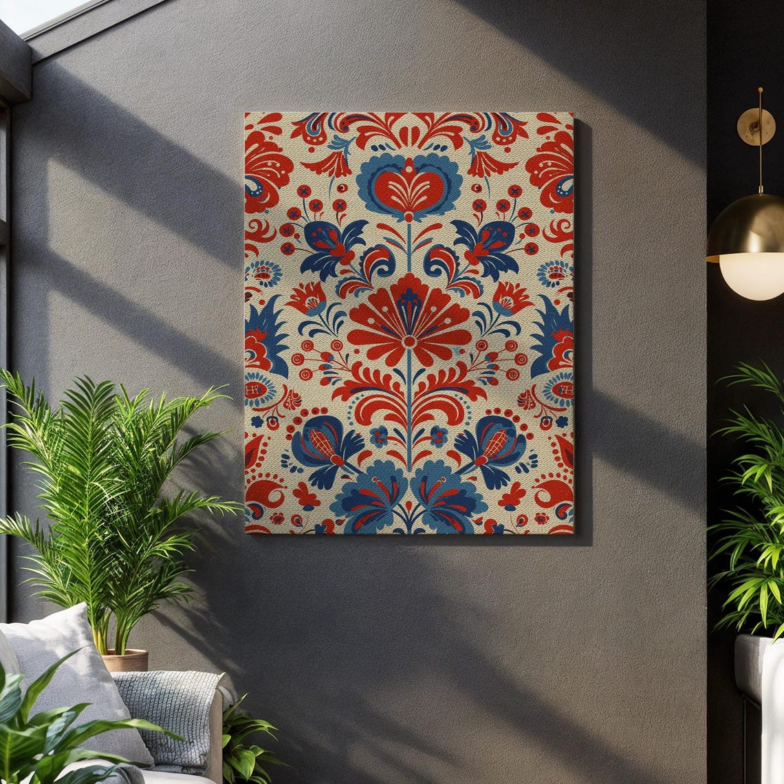 Scandinavian Folk Floral Pattern Red Blue Cream Nordic Art Poster