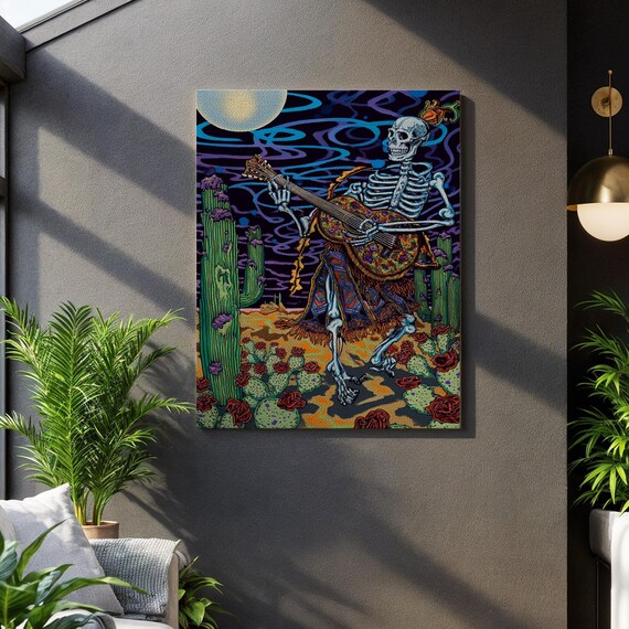 Skeleton Guitarist in Desert Under Moon Day of the Dead Art Poster