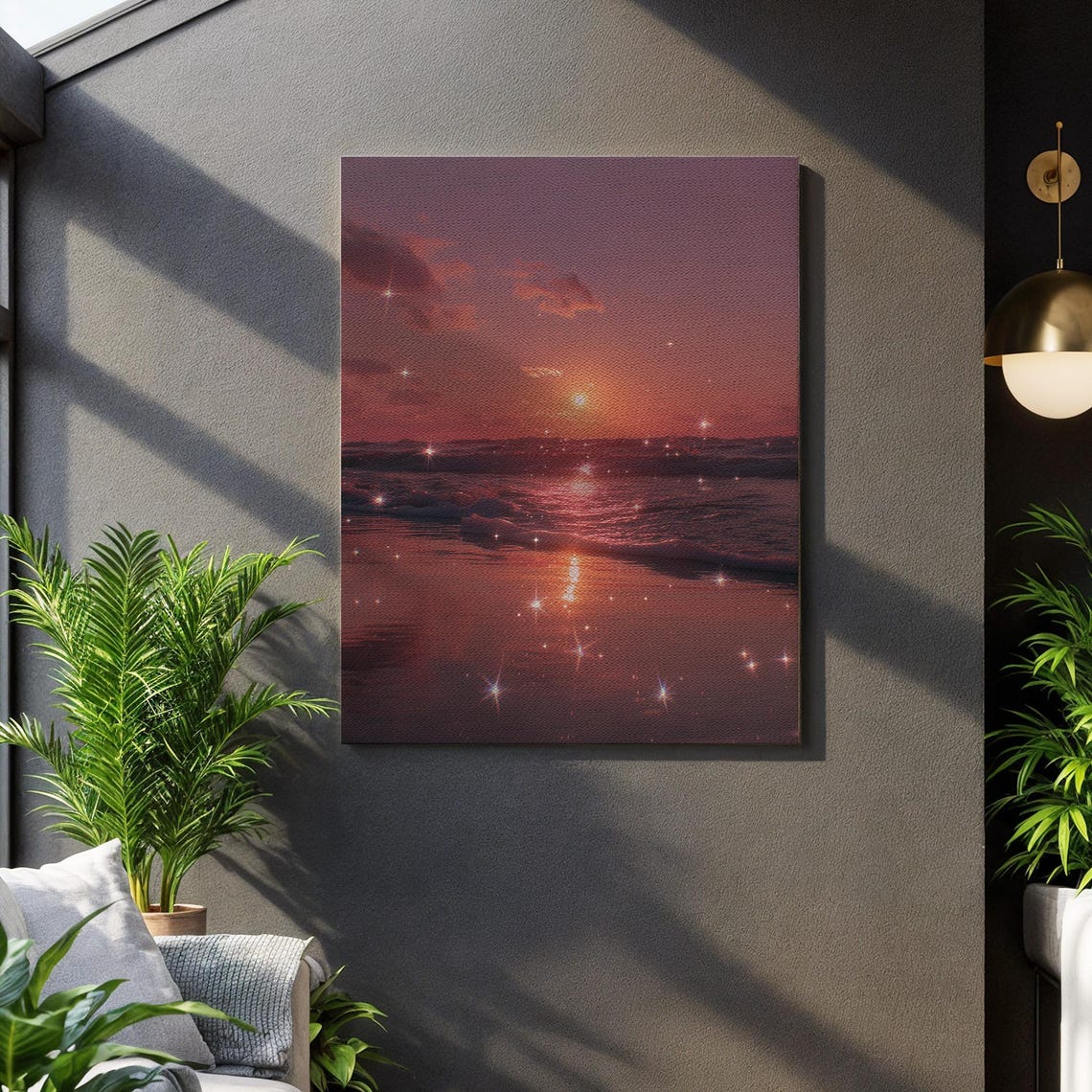 Sparkling Pink Sunset Ocean Romantic Seascape Beach Wall Art