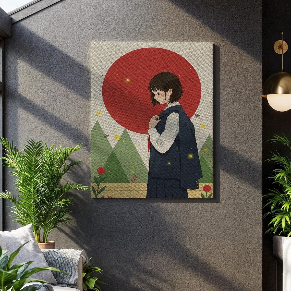 Japanese Anime Girl Red Sun Minimalist Illustration School Uniform Poster
