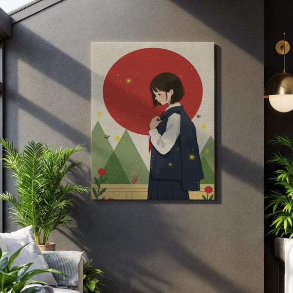 Japanese Girl Canvas Wall Art Minimalist Anime Style Illustration With Red Sun And Mountains Modern Framed Print For Cozy Home Decor