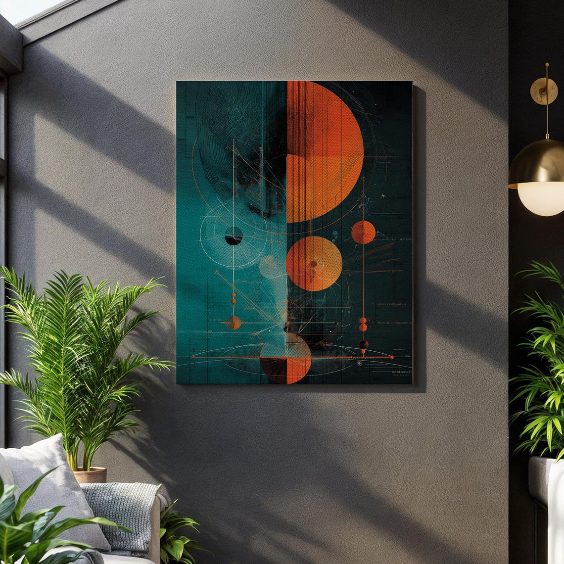 Cosmic Geometry Canvas Wall Art Abstract Planetary Orbits In Teal And Orange Futuristic Space Print Framed Modern Astronomy Decor