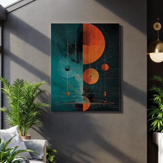 Cosmic Geometry Canvas Wall Art Abstract Planetary Orbits In Teal And Orange Futuristic Space Print Framed Modern Astronomy Decor