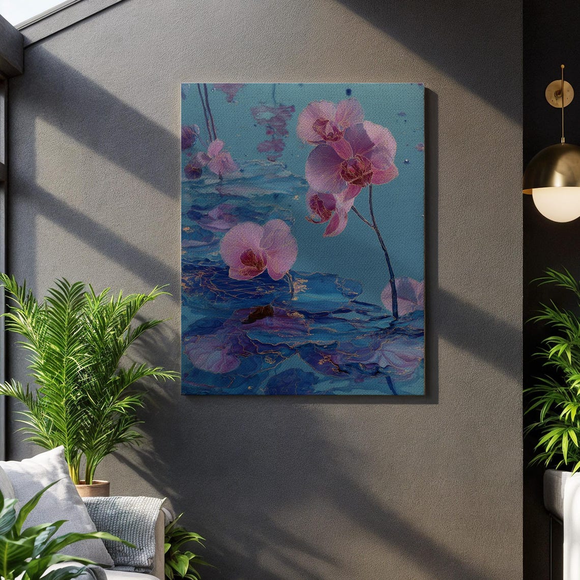 Pink Orchid Blossoms Floating Blue Water Ink Style Canvas Wall Art
