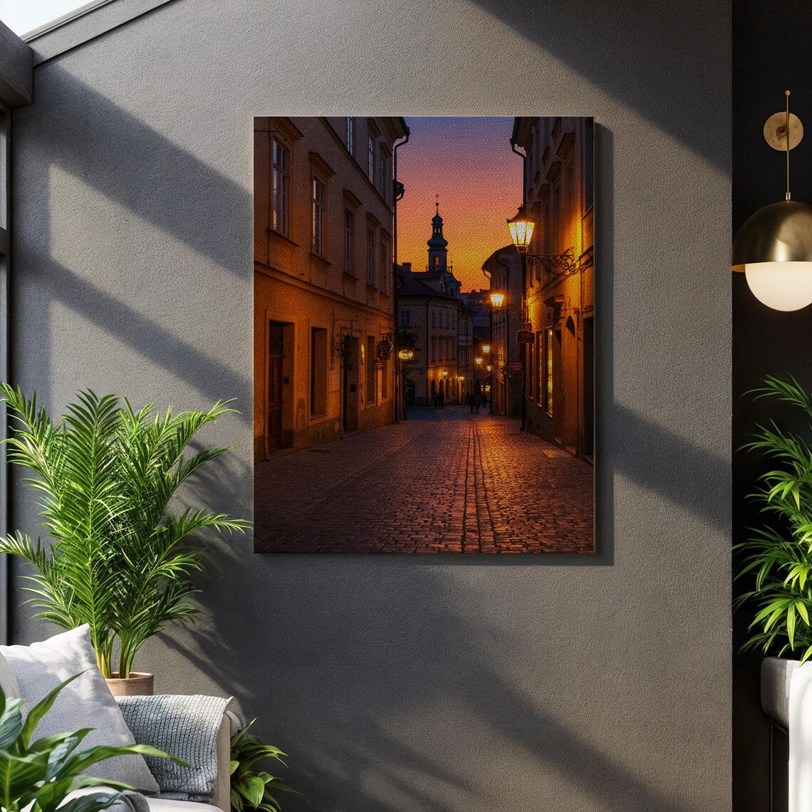 Old European Street At Sunset Poster Cobblestone Lamps And Spire