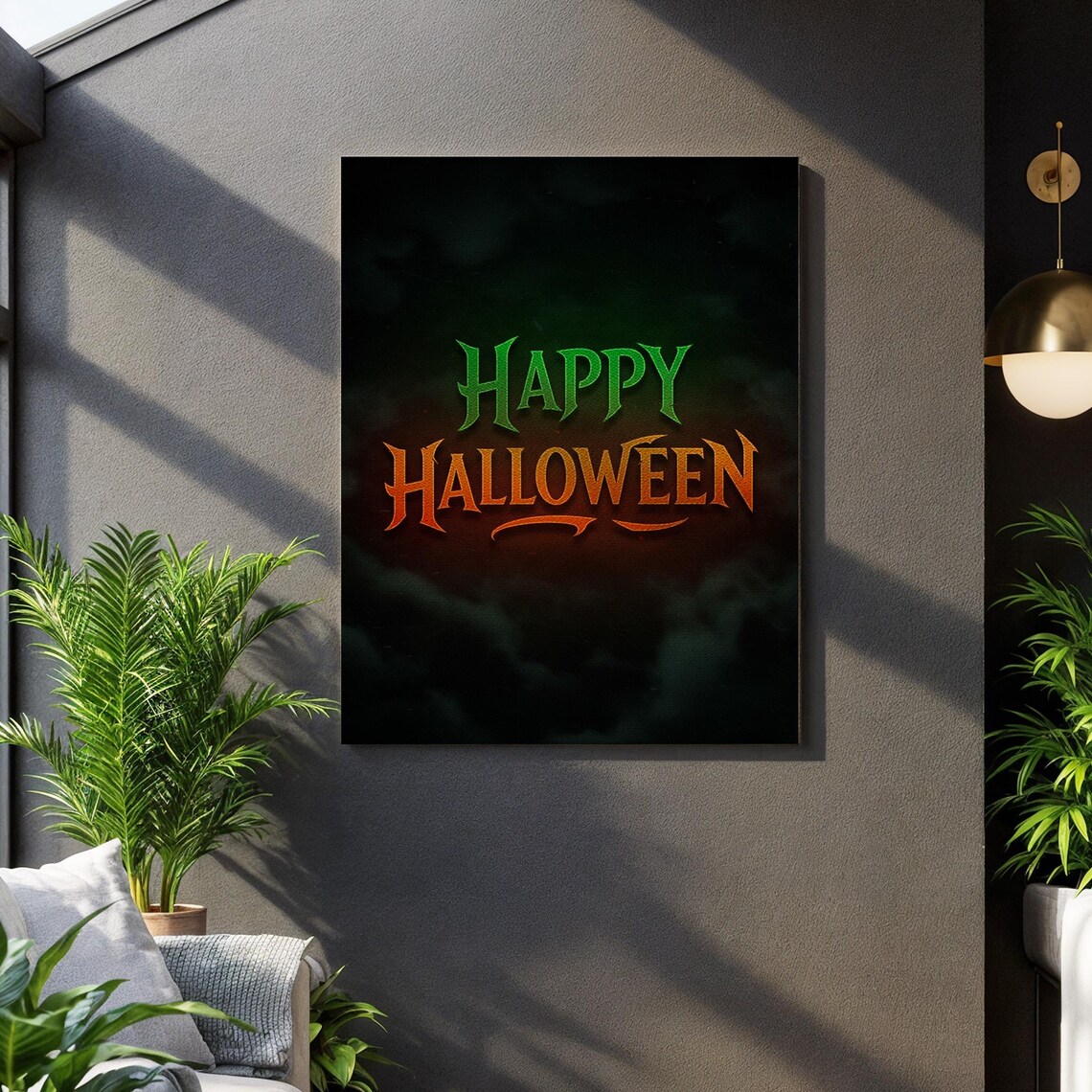 Happy Halloween Gothic Green Orange Lettering Spooky Seasonal Decor Poster
