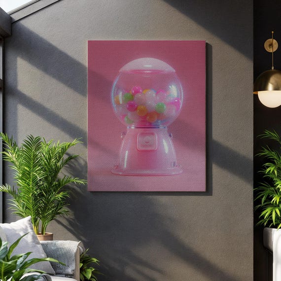 Pink Gumball Machine Canvas Wall Art Retro Candy Dispenser With Colorful Balls Fun Pop Print For Kitchen Cafe Or Playful Home Decor