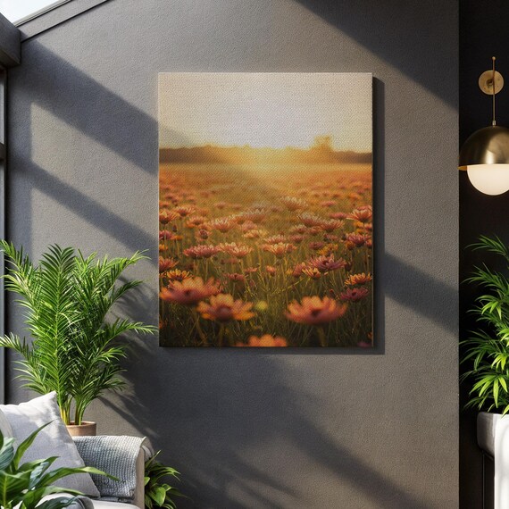 Golden Daisy Meadow At Sunset Warm Floral Landscape Canvas Poster