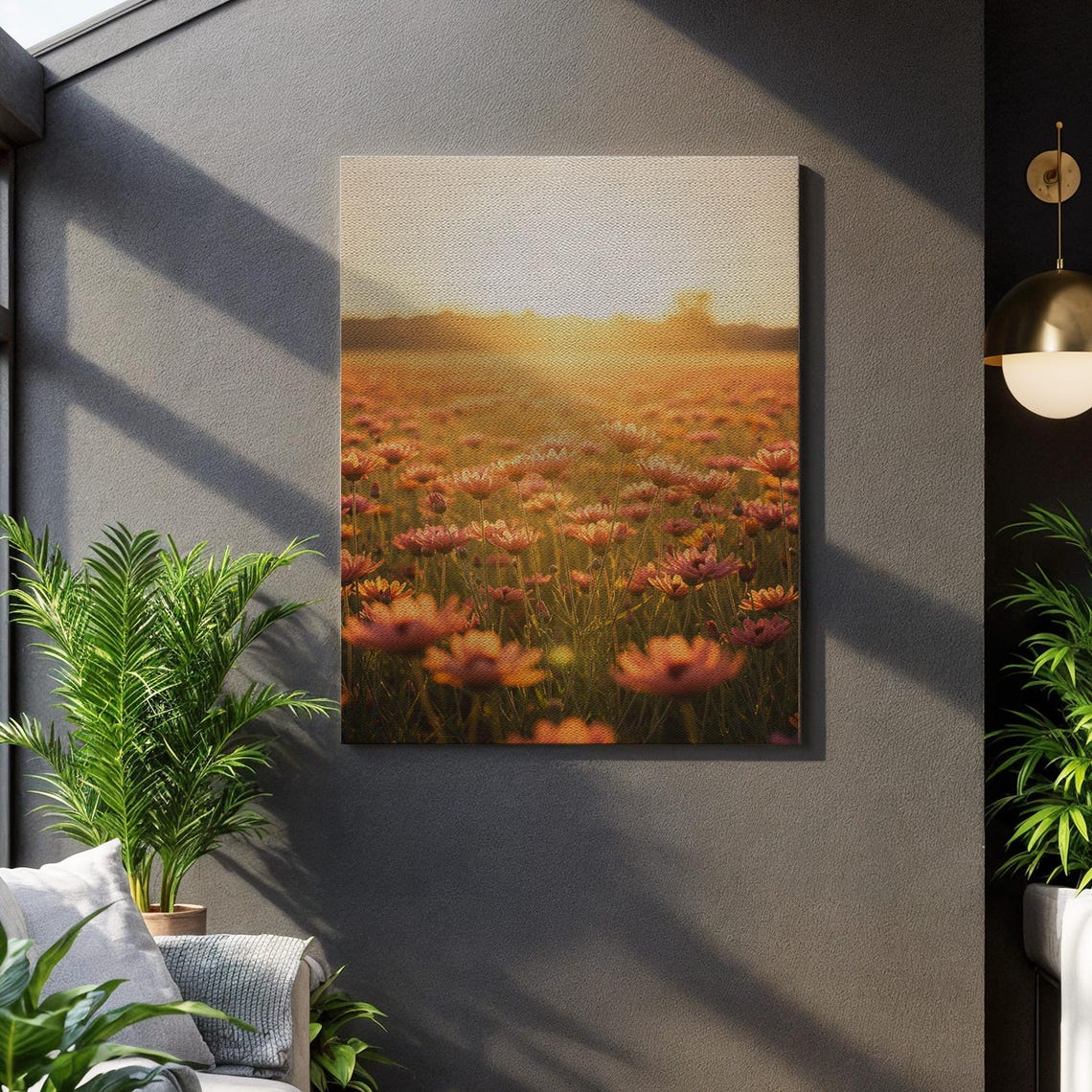 Golden Daisy Meadow At Sunset Warm Floral Landscape Canvas Poster